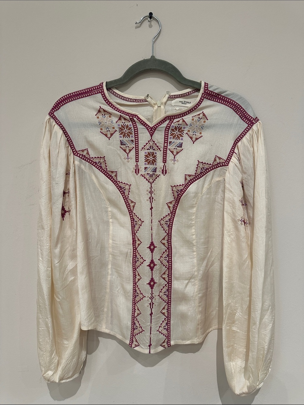 Ivory Peasant Blouse with Burgundy Embroidery